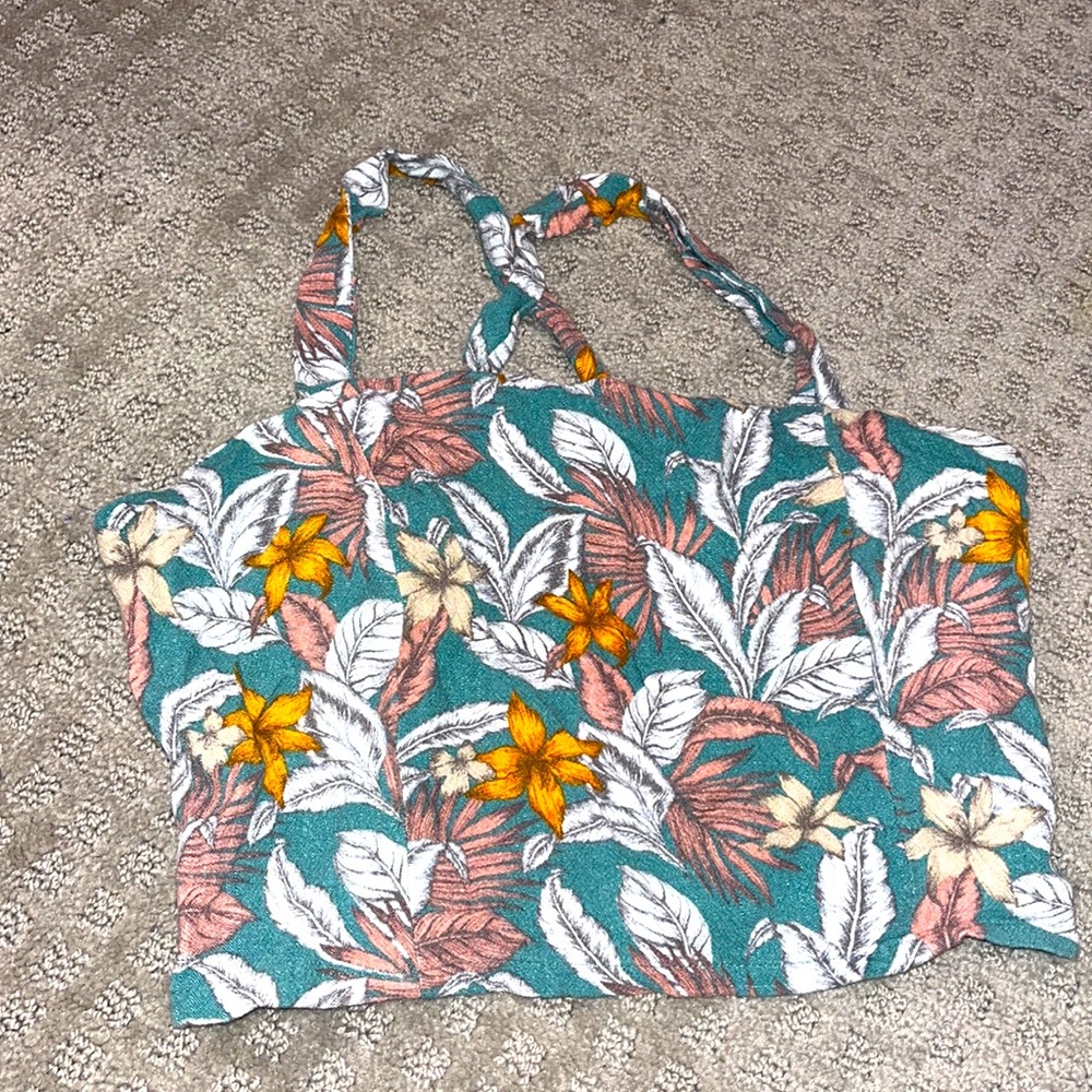 Aeropostale Tropical Floral Crop Top/Bottom Green/Orange/Pink Scrunch Back